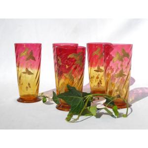 Series Of 5 Orangeade Glasses / Goblets In Art Nouveau Crystal Enamel Nineteenth Legras Baccarat