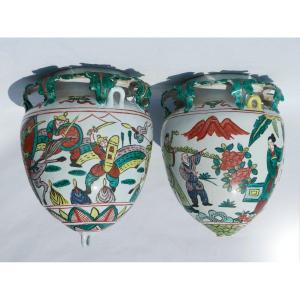 Pair Of Earthenware Suspension Vases, China Famille Verte, Nineteenth Orchid Jars, Vase