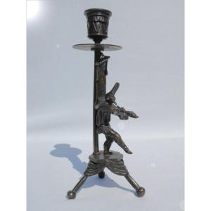 Patinated Bronze Candlestick, Napoleon III Period, Troubadour Scene, Gali Mafre Nineteenth