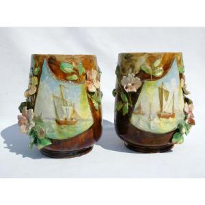 Paire De Vases Barbotine Impressionniste , Décor Marin , Atelier Theodore Lefront Fontainebleau
