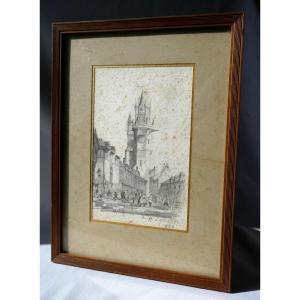 Drawing Signed By Marshal Hubert Lyautey 1880, Gros-horloge Tower, Evreux Normandy