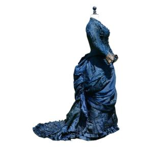 Robe &agrave; Tournure &amp; Traine &eacute;poque 1880 , Costume XIXe , Soie Bleue , Mode Napol&eacute;on III Faux Cul