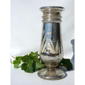 Baluster Vase In Eglomised Glass, Palm Tree Decor, Napoleon III Period, Nineteenth, Mercurized
