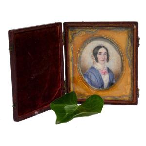 Portrait Miniature De Femme De Qualité Epoque Napoleon III , Aquarelle XIXe , écrin