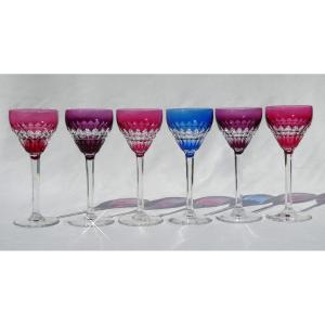Set Of 6 Colored Crystal Wine Glasses, Roemer 1930 Art Deco, Val Saint Lambert / Louis
