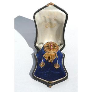 Napoleon III Period Adornment, Gold Brooch & Sleeper Earrings, Spinel Enamel Beads