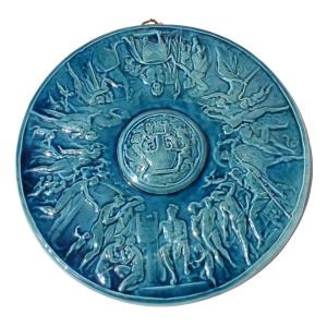 Enameled Earthenware Dish, Antique Scene, Zeus / Appolo, Blue Deck, Napoleon III, 19th Century