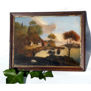 Large Painting Fixed Under Glass 18th Century Village Scene, Lake, Small Trades