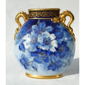 Vase Boule En Porcelaine De Limoges , Paul Pastaud / Leroussaud 1930 D&eacute;cor De Fleurs &amp; Dragons