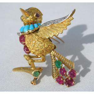 Mauboussin Brooch 1960s, Bird In Gold, Platinum, Diamonds, Sapphire, Ruby & Turquoise , Jewerly , Paris