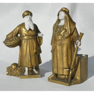 Pair Of Subjects In Bisque Period 1900 Orientalist Characters, Date Seller, Soldier