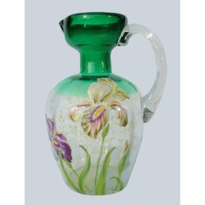 Legras Enameled Glass Pitcher, Art Nouveau Style Iris Decor, Period 1900 19th Century Pitcher Carafe