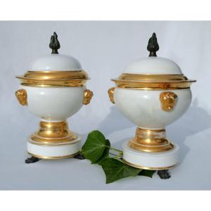 Paire De Confituriers / Compotiers Porcelaine De Paris Et Bronze Style Empire XIXe 1820 Charles X