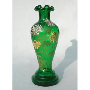Vase En Verre Emaillé XIXe , Legras , Décor Tokyo , Japonisant , Style Art Nouveau 1900