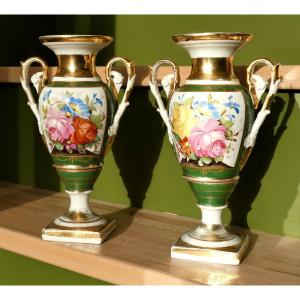 Pair Of Paris Porcelain Vases, Empire Style, Bouquet Of Flowers & Bee 19th Century