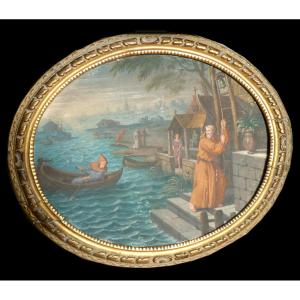 Gouache Oval Period 18th Century, The Flood, Monastic Scene, Franciscan Monk, Painting