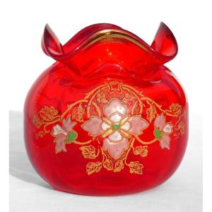 Vase Boule En Verre Emaillé , Modele Mérovée De Theodore Legras , Rouge Rubis XIXe Art Nouveau