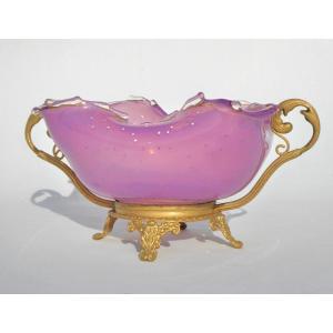 Grande Coupe En Verre Opalescent De Couleur Rose , époque Napoléon III , Vide Poche bronze Doré , Clichy / Baccarat