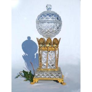 Grand Confiturier / Drageoir En Cristal Taille De Baccarat / Voneche / Le Creusot & Bronze Doré