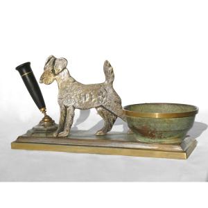 Vide Poche En Bronze Patiné , Fox Terrier époque 1920 , Signé Albert Marionnet , Porte Stylo / Crayon , Bureau