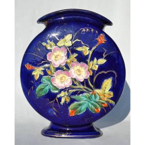 Vase Méplat En Faience Impressionniste , Epoque 1880 , Decor Japonisant XIXe , Bleu Cobalt 