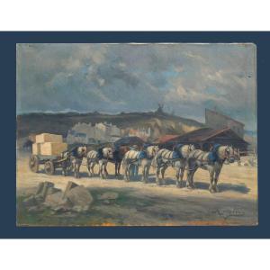 Oil On Canvas Signed Rosalbin De Buncey, Horses In A Boulonnais Quarry, Cliffs 