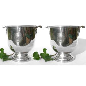 Pair Of Champagne Buckets In Silver Metal Coat Of Arms & Marquis Crown, 19th Century Heraldic Lion