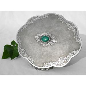 Large Jewelry Box In Sterling Silver, Napoleon III Style, Malachite Cabochon, Box 