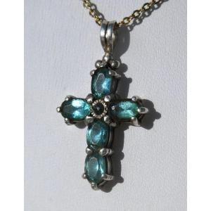 Latin Cross In Silver & Aquamarine, Blue Stone, 19th Century, Napoleon III Jewelry, Pendant