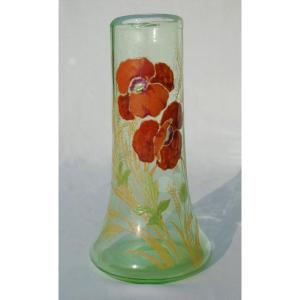 Enameled Glass Vase, Theodore Legras, Art Nouveau Decor, 19th Century Enamel, Poppy Poppies