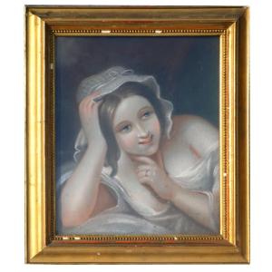 Portrait Of Young Naked Woman Pastel In The Taste Of Greuze, Erotic 19th Century Libertine, 18th Century