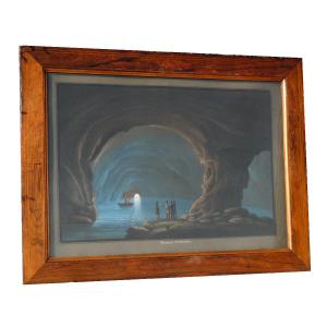 Grande Gouache Napolitaine , Souvenir Du Grand Tour , XIXe La Grotte Bleue A Capri Volcan 1820