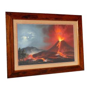 Large Neapolitan Gouache Souvenir Of The Grand Tour, 19th Eruption Of Vesuvius Volcano 1820 Vesuvius