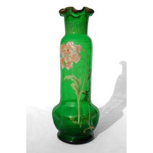 Enameled Glass Vase, Theodore Legras, Spring Green, 1900 Period Art Nouveau Style 19th Century,