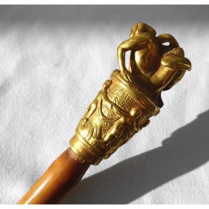 Walking Cane, 19th Century Period Erotic Gilt Bronze Knob Curiosa, Leda & The Swan