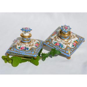 Pair Of Porcelain Perfume Bottles, Cushion Shape, Napoleon III 19th Century Style, Samson