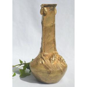 Vase En Bronze Doré , Signé Albert Marionnet 1852 1910 , Style Art Nouveau , Pommes De Pin XIXe