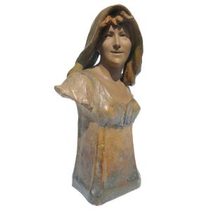 Buste De Jeune Femme En Terre Cuite Art Nouveau , Signé Goldscheider XIXe , 1900 , Sculpture