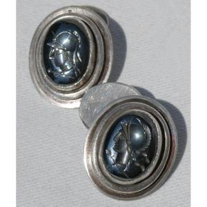 Paire De Boutons De Manchettes , Intaille En Verre , Style Empire , Profil Antique 1900 , Bijou