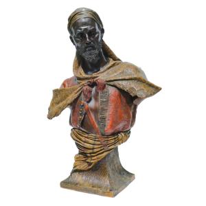 Grand Buste En Terre Cuite Polychrome , Homme Orientaliste Au Turban , Goldscheider Antar XIXe
