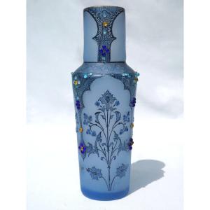 Vase En Verre Emaillé De Theodore Legras , Décor Art Nouveau , Cabochons XIXe , Garnier