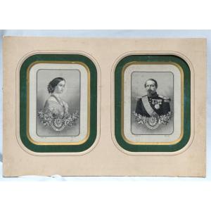 Paire De Broderie Sur Soie Portrait De l'Empereur Napoléon III Et De l'Imperatrice Eugenie XIXe