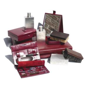 Hermes Leather Travel Suitcase Manicure Kit, Bottles, Art Deco Vanity Mirror Brush