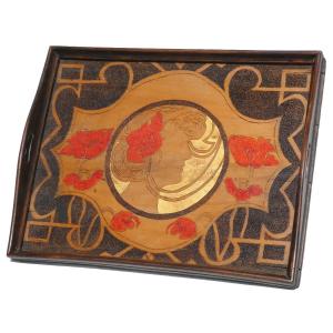 Polychrome Wooden Serving Tray Art Nouveau Period, Profile Of Young Woman Muchas Style 