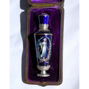 Salt Bottle In Sterling Silver & Enamel Case, Mythological Decor, Neo Classical 1860 Perfume