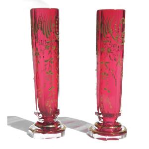 Pair Of Soliflore Vases Period 1900, Enameled Crystal, Baccarat 19th Century, Legras, Fushia