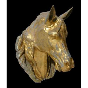 Tête De Cheval , Enseigne De Magasin 1900 Zinc & Dorure , Haras , Boucherie Chevaline , écurie