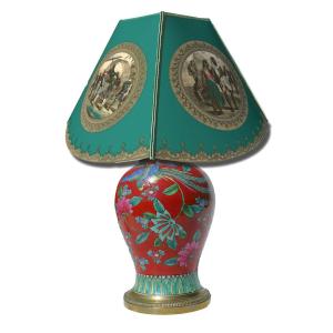 Grande Lampe De Table En Porcelaine Style Chine , Oiseaux Branchés , Fourmaintraux Desvres 1930