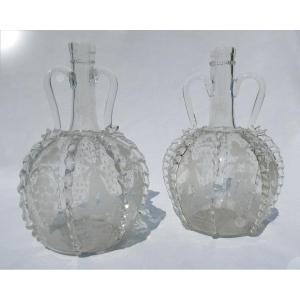 Pair Of Dutch Carafes Blown Glass 18th Century Gourd With Two Handles, Sailboat & Mill Decor