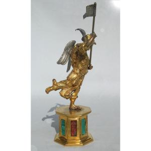 Saint Michel En Bronze Doré & Pierres Dures , époque XVIIe Siecle , Sujet Religieux Ange Italie